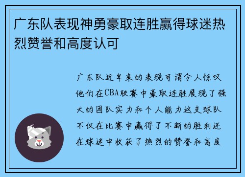 广东队表现神勇豪取连胜赢得球迷热烈赞誉和高度认可
